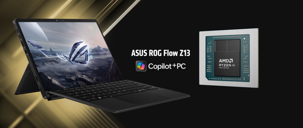 ASUS ROG Flow Z13 Copilot+ PC powered by AMD Ryzen AI Max series processor for high-performance AI computing and gaming.
