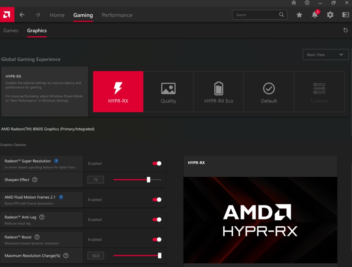HYPR RX Gaming Graphics Screen AMD HYPR-RX gaming graphics interface showing one-click performance optimization and Radeon settings.