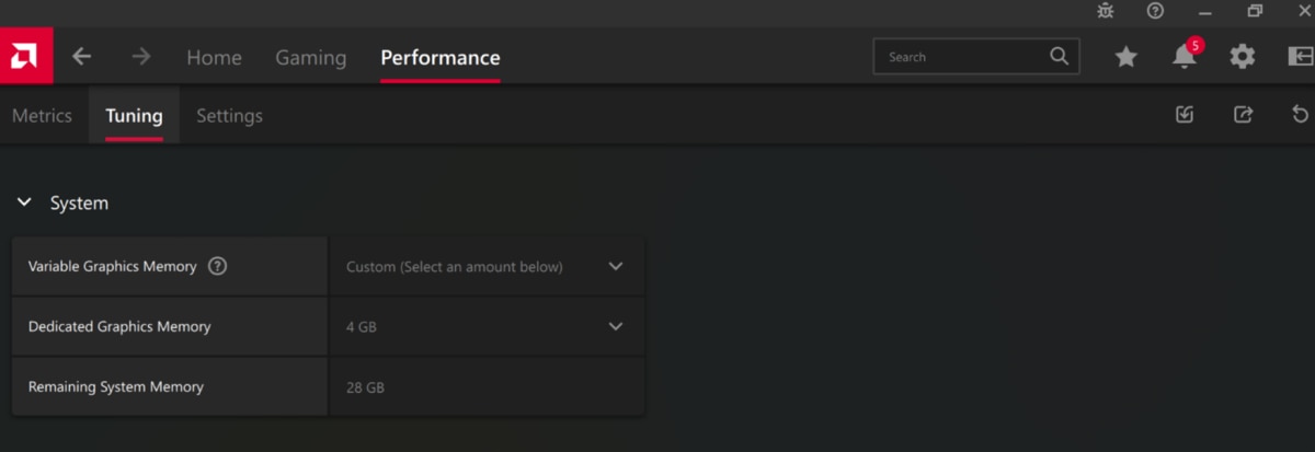 Variable Graphics Memory Performance Tuning Screen AMD Radeon Adrenalin software performance tuning interface showing system graphics memory allocation options.