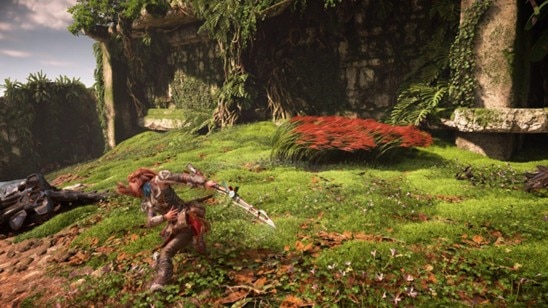 Horizon Forbidden West Complete Edition rendered at 1080p and upscaled to 4K on an AMD Radeon™ RX 9070 XT. The ML-powered FSR Upscaling (right) reduces ghosting on the moving character compared to FSR 3.1 (left). 