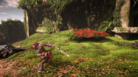 Horizon Forbidden West Complete Edition rendered at 1080p and upscaled to 4K on an AMD Radeon™ RX 9070 XT. The ML-powered FSR Upscaling (right) reduces ghosting on the moving character compared to FSR 3.1 (left). 