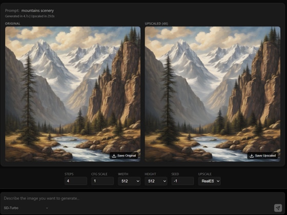 Figure 2: Lemonade’s Image Generation panel showing a Stable Diffusion output (left) and its 4x Real-ESRGAN upscaled version (right). Source: Lemonade.