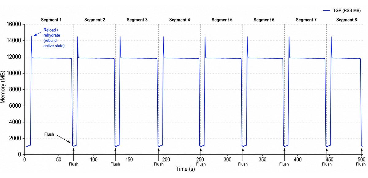 Figure 2. Segment-level TGP memory trace showing repeated rehydrate and flush cycles.