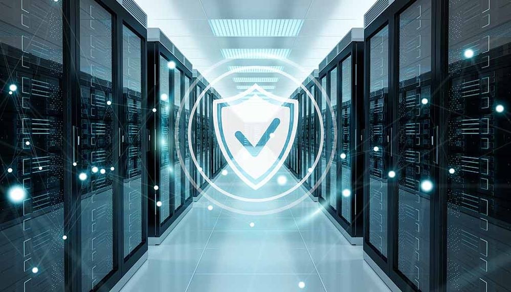 Firewall activated on server room data center 3D rendering White and blue firewall activated on server room data center 3D rendering