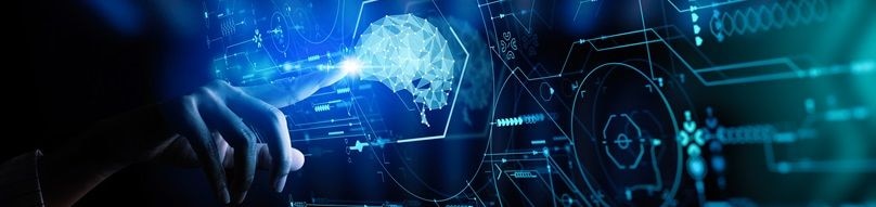 Artificial intelligence (AI) with machine deep learning and data mining and another modern computer technologies UI by hand touching low poly icon.