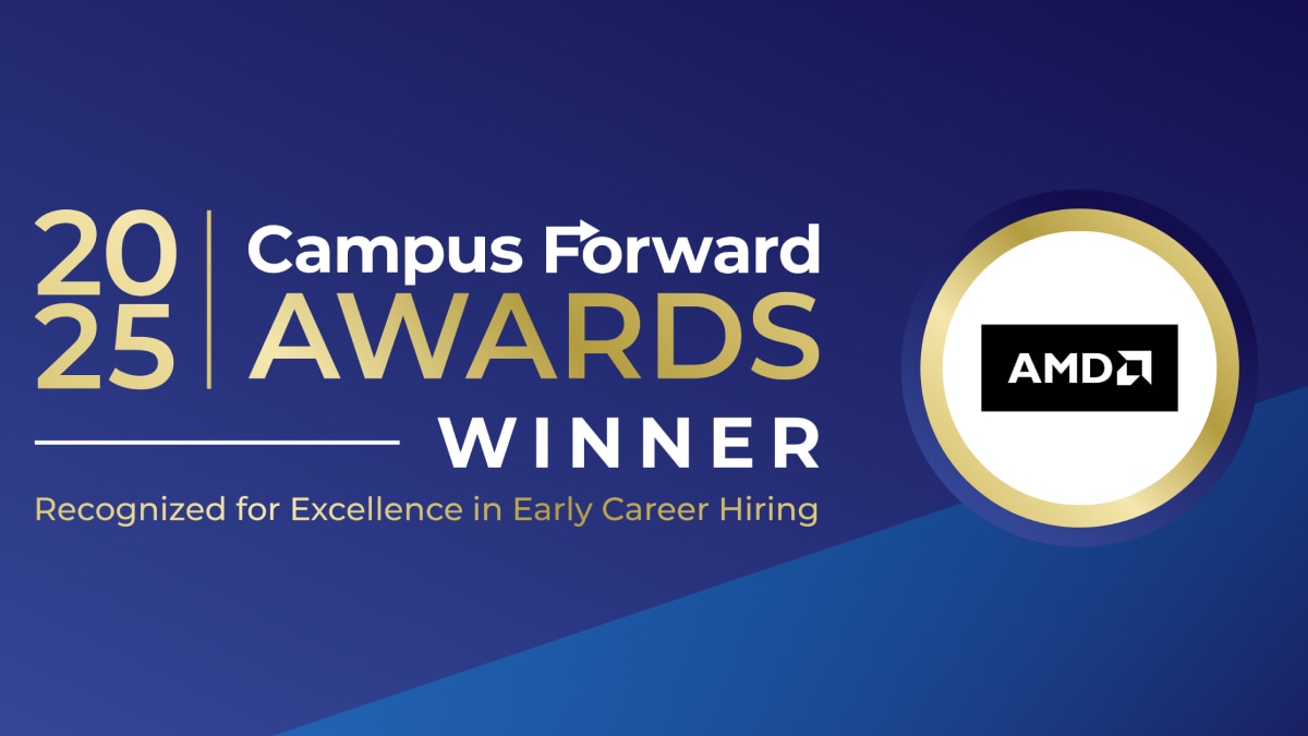 Campus Forward Awards 2025 Winner badge recognizing excellence in early career hiring, includes AMD logo.