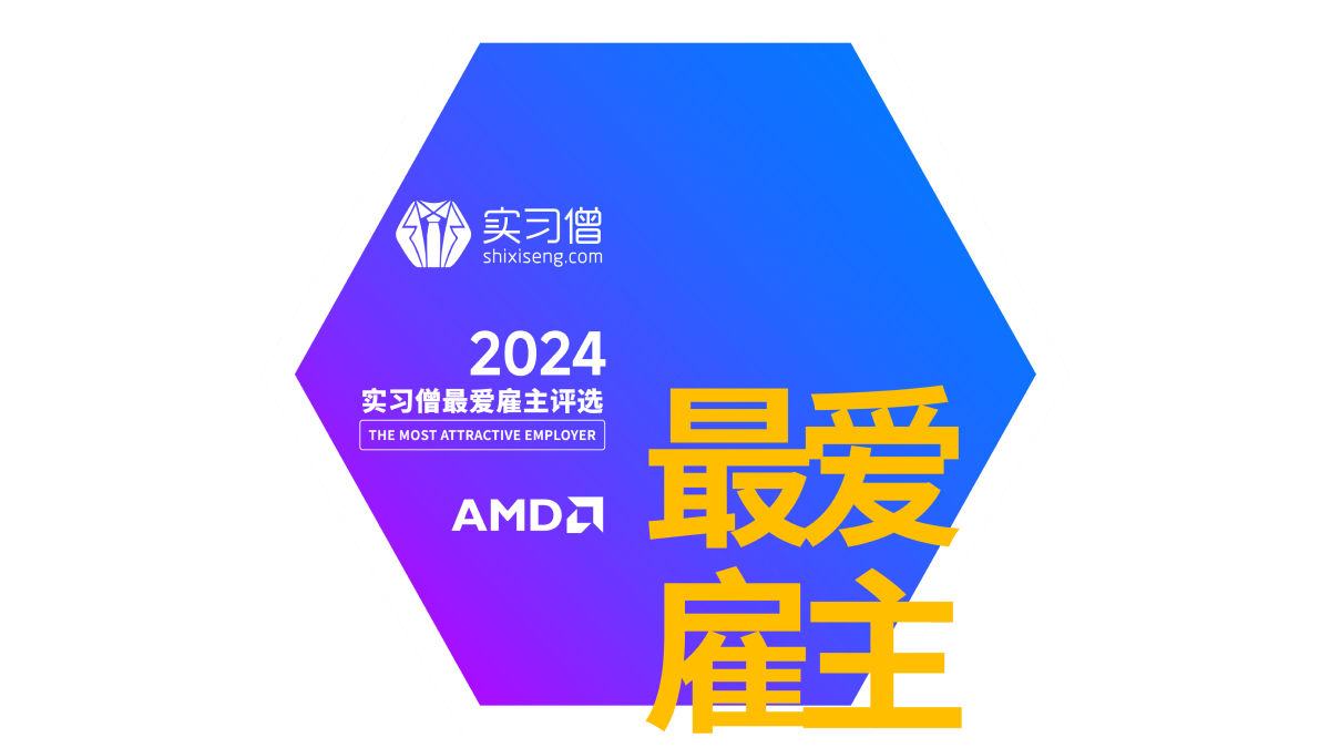 shixiseng.com 2024 Most Attractive Employer badge with AMD logo and large Chinese text in yellow.