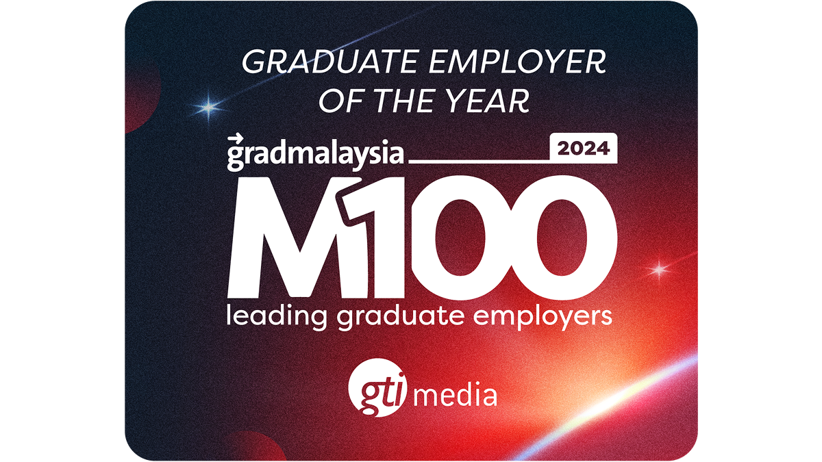 Gradmalaysia M100 2024 Graduate Employer of the Year badge, leading graduate employers by GTI Media.