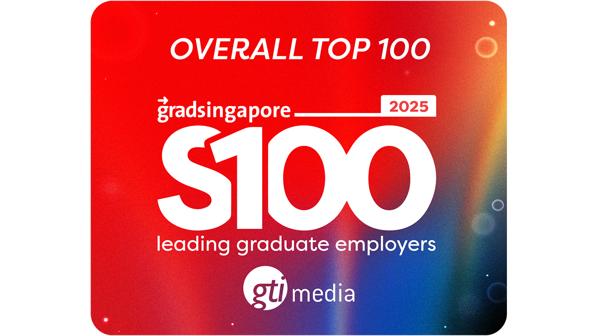 Gradsingapore S100 2024 Overall Top 100 leading graduate employers badge by GTI Media.