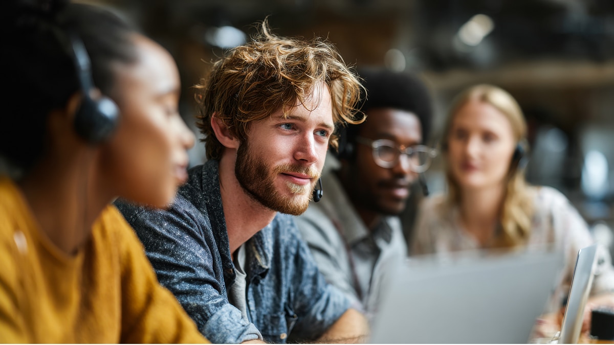 Four customer support representatives wearing headsets working together at a desk in a modern office environment