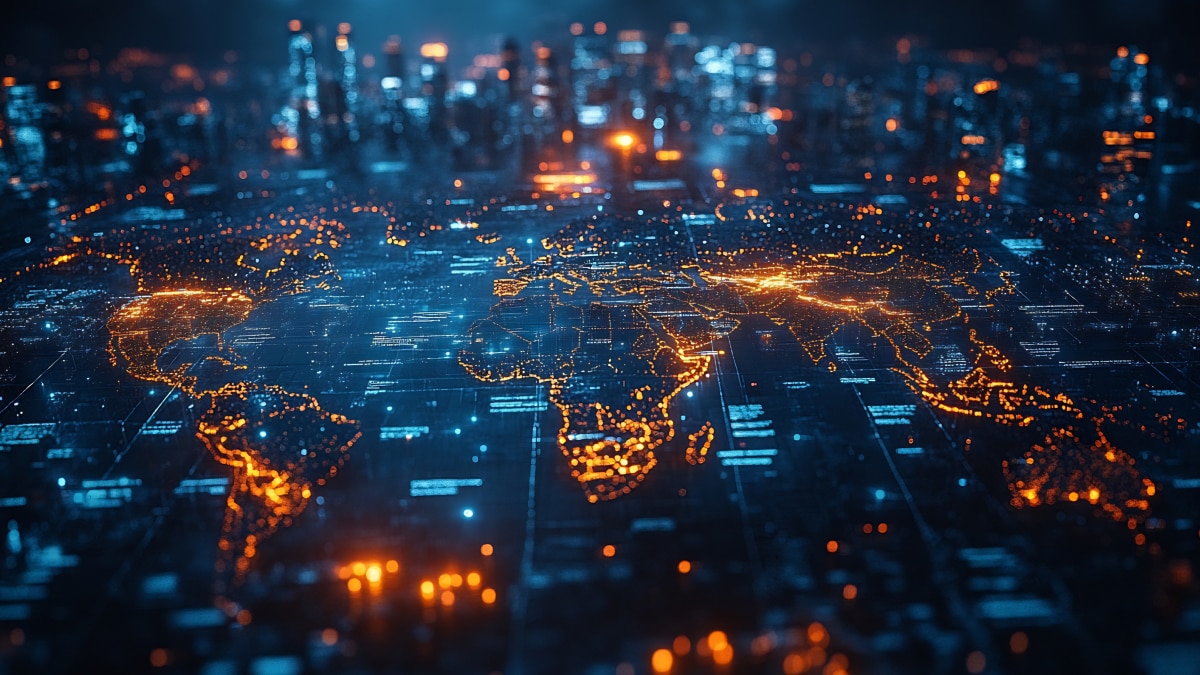 Glowing blue and orange digital world map with connected data points and a blurred city skyline in the background.
