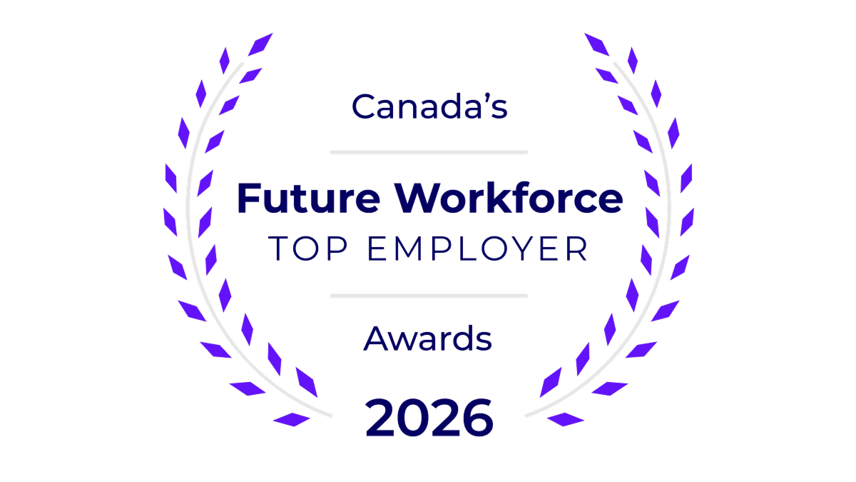 Purple laurel graphic reading “Canada’s Future Workforce Top Employer Awards 2026” on a black background.