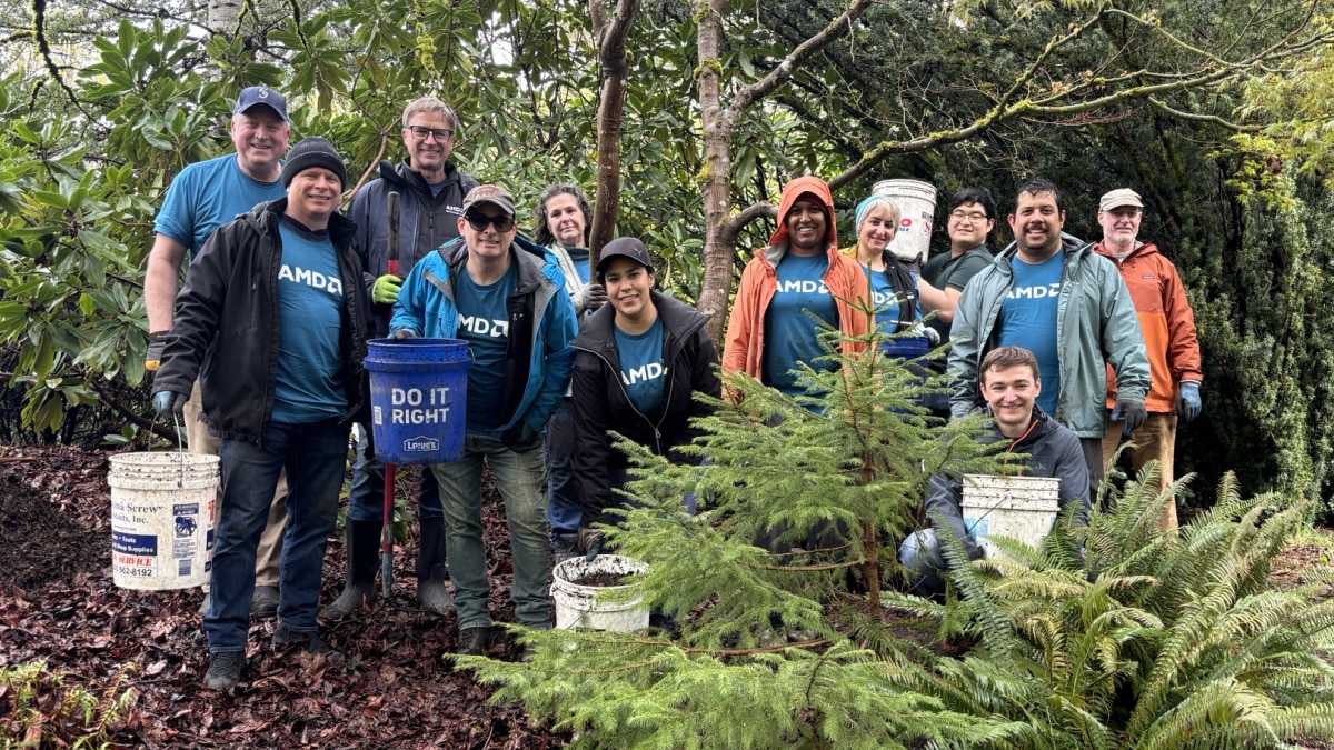 Group of volunteers in blue AMD shirts pose in a wooded area with buckets and tools during a community tree planting event.