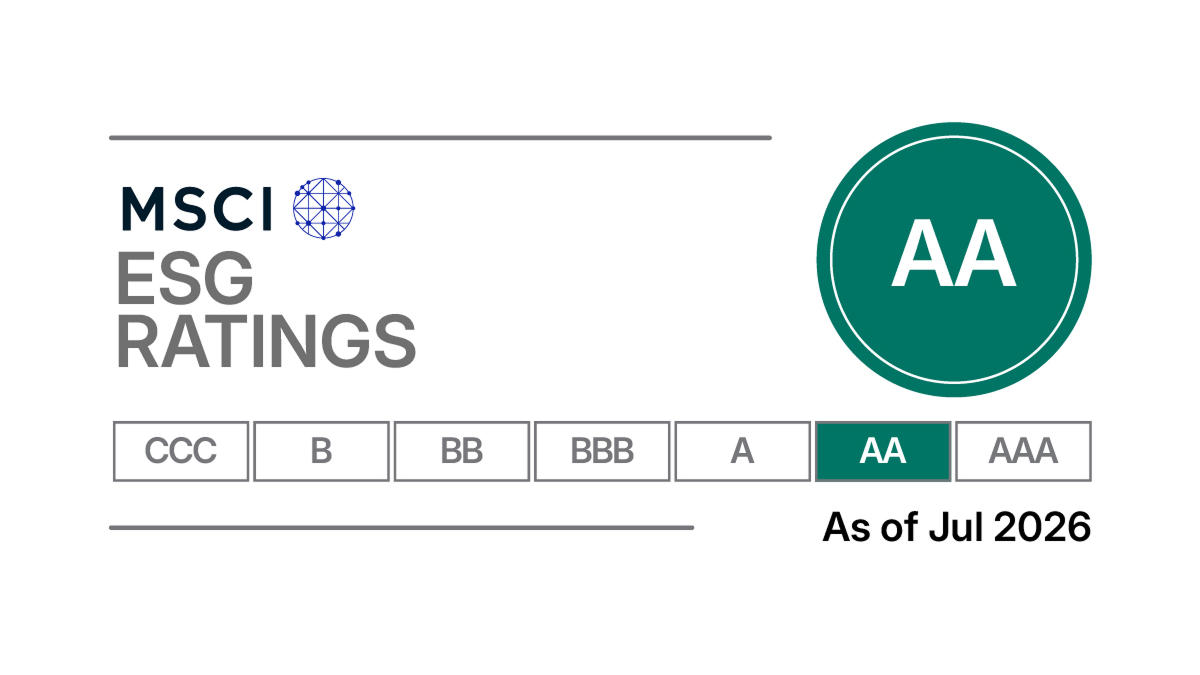 MSCI ESG Ratings graphic showing an AA rating, highlighted on the rating scale from CCC to AAA, with text "As of Jul 2026."
