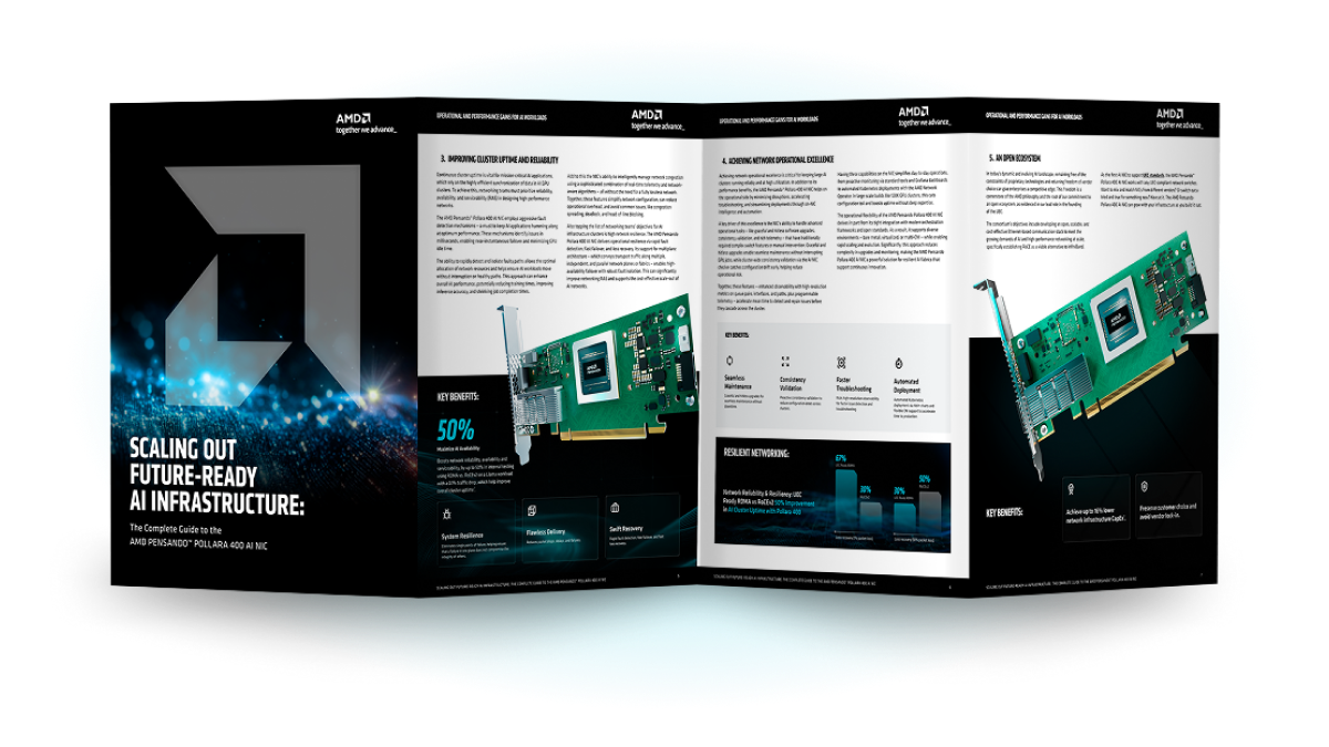 Multi-page brochure spread with AMD Pensando NIC, charts, and text on scaling AI infrastructure and performance benefits
