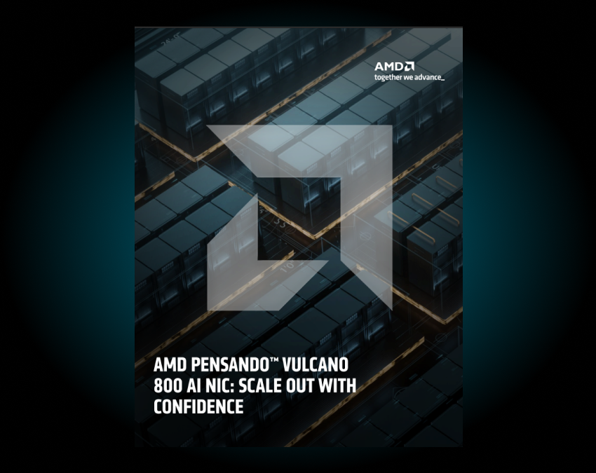 Ebook cover with a stylized data center background and text: "AMD Pensando™ Vulcano 800 AI NIC: Scale Out With Confidence."