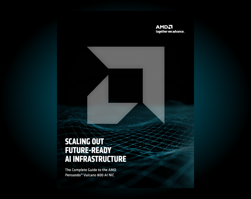 eBook cover with AMD logo, abstract graphic, and text: "Scaling Out Future-Ready AI Infrastructure – The Complete Guide to the AMD Pensando Vulcano 800 AI NIC."