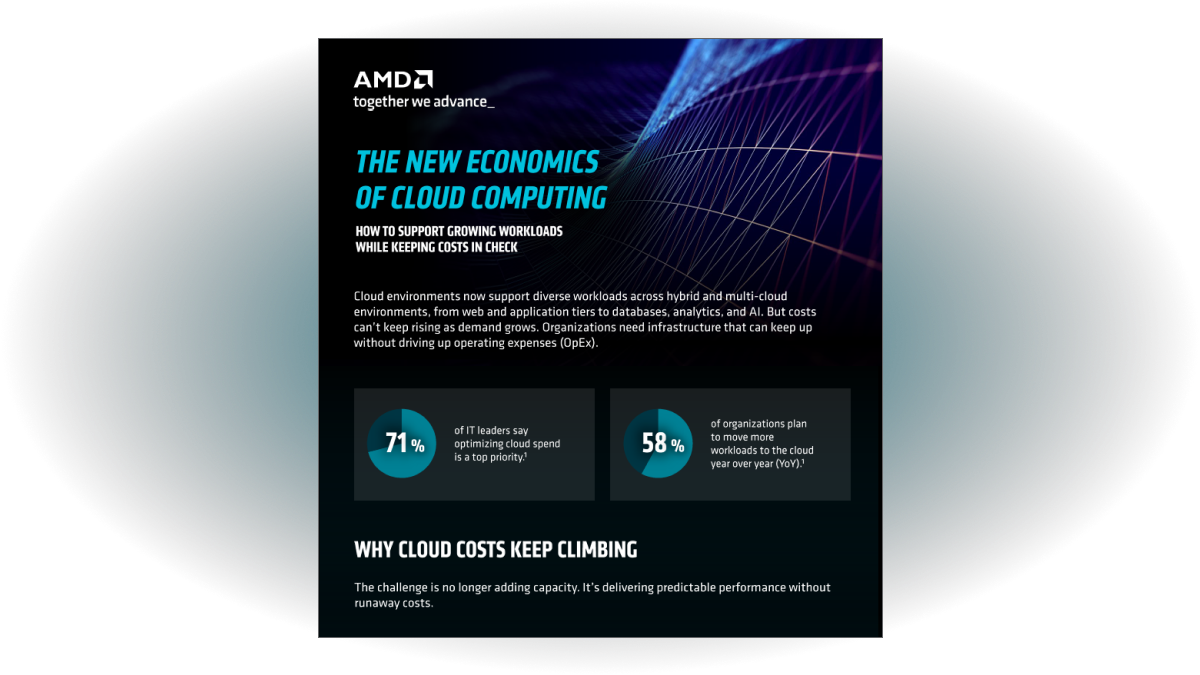 Infographic titled “The New Economics of Cloud Computing” with statistics: 71% of IT leaders prioritize cloud spend optimization and 58% of organizations plan to move more workloads to the cloud year over year. Includes section heading “Why Cloud Costs Keep Climbing.”
