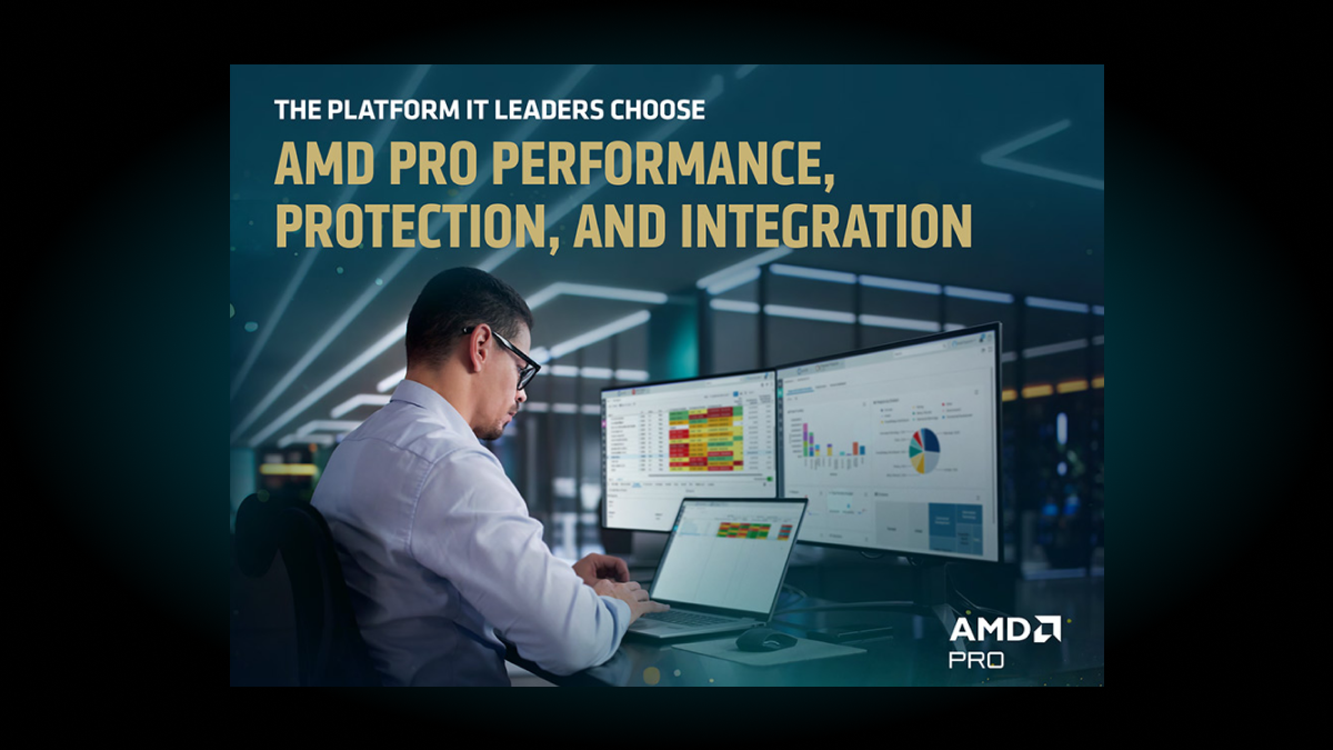 Professional works across laptop and dual monitors beneath text, “AMD PRO Performance, Protection, and Integration.”