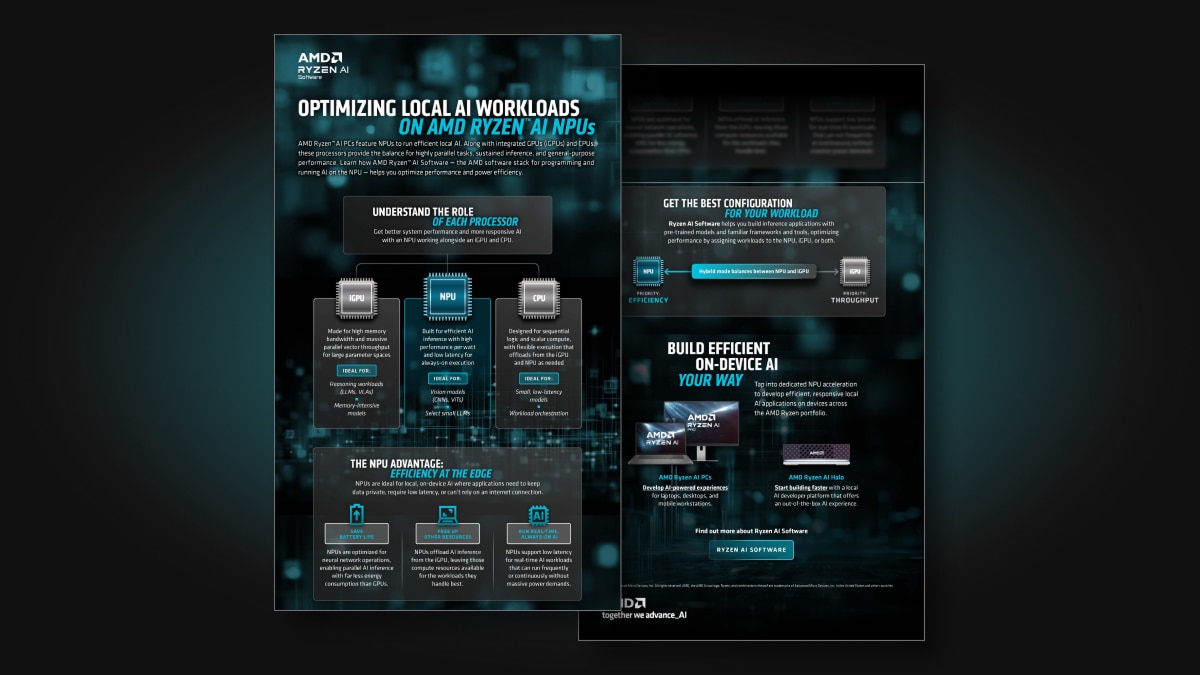 Infographic: AMD Ryzen AI. Optimizing local AI workloads on Ryzen AI NPUs. Explains roles of iGPU, NPU, CPU; configuration for efficiency/throughput; NPU advantages at the edge; and building on-device AI with Ryzen AI PCs and Halo.