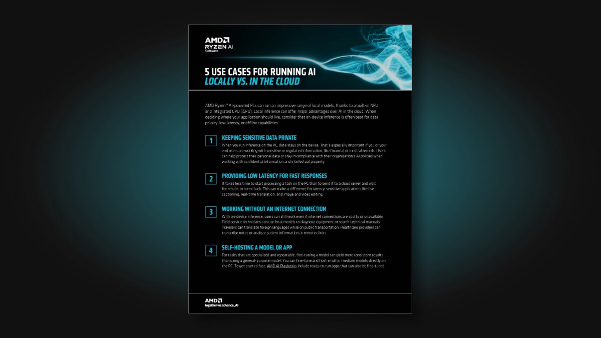 AMD Ryzen AI listicle: 5 Use Cases for Running AI Locally vs. In the Cloud. Details advantages like keeping sensitive data private, providing low latency for fast responses, working without an internet connection, and self-hosting models or apps on AMD Ryzen AI-powered PCs.