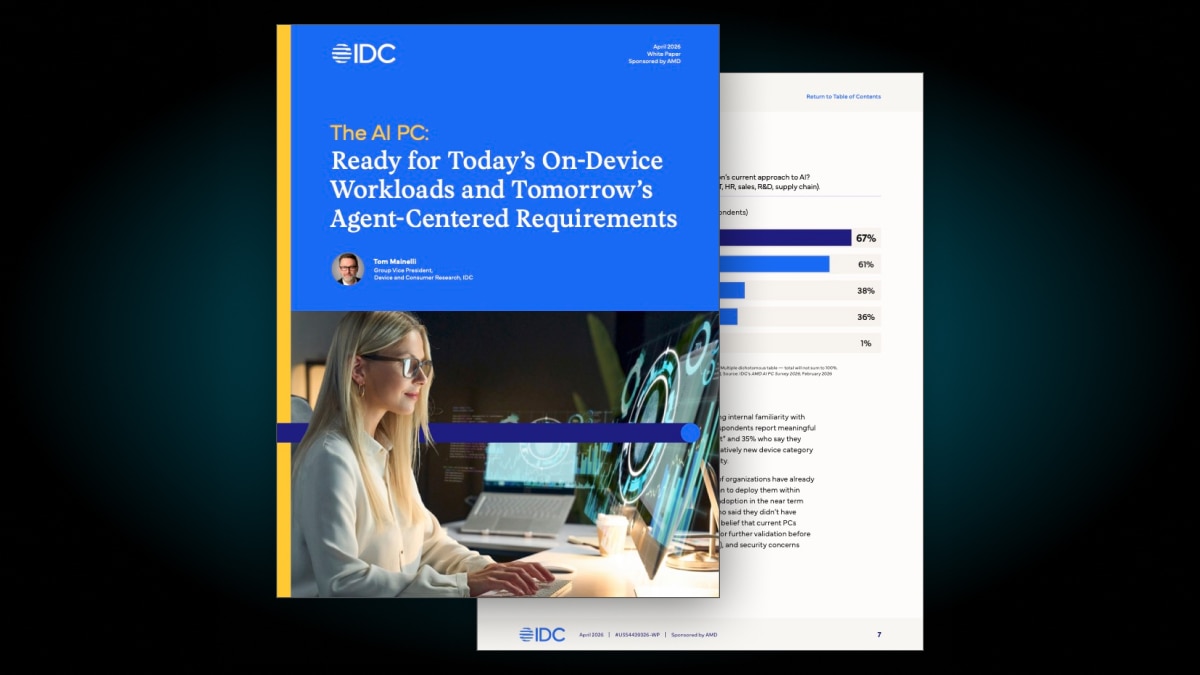 IDC white paper "The AI PC," sponsored by AMD. Woman at computer with blue UI. Bar chart shows percentages.