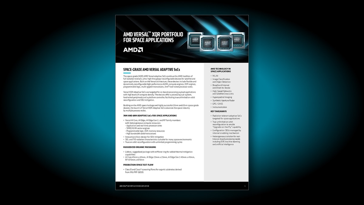 AMD Versal XQR Portfolio for Space Applications brief detailing space-grade adaptive SoCs, packaging, and key takeaways.