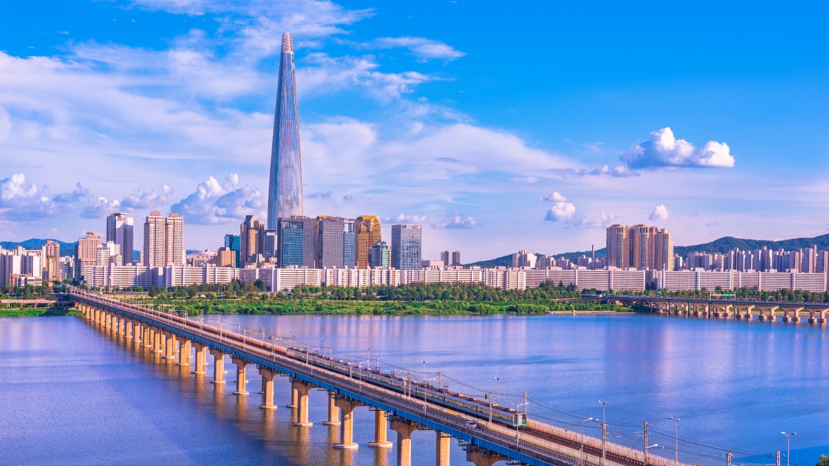 Seoul Subway and Seoul City Skyline at Han river Seoul, South korea.