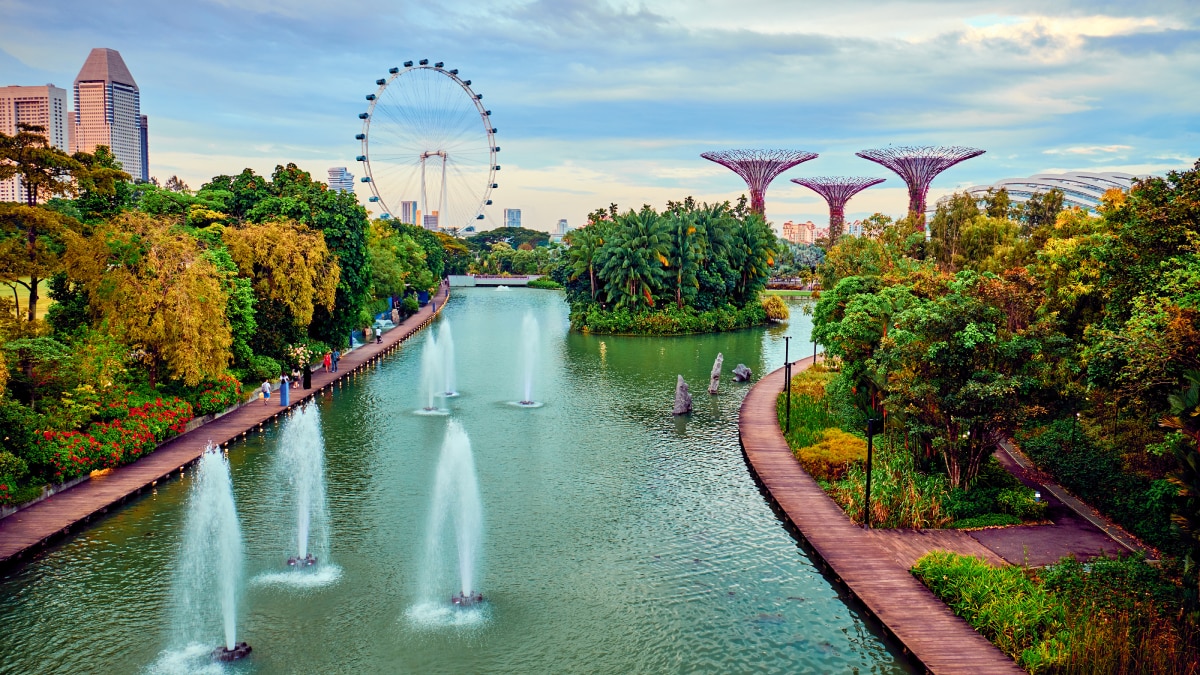 A lush park in Singapore featuring water fountains, the Singapore Flyer Ferris wheel, and futuristic Supertree structures surrounded by greenery.