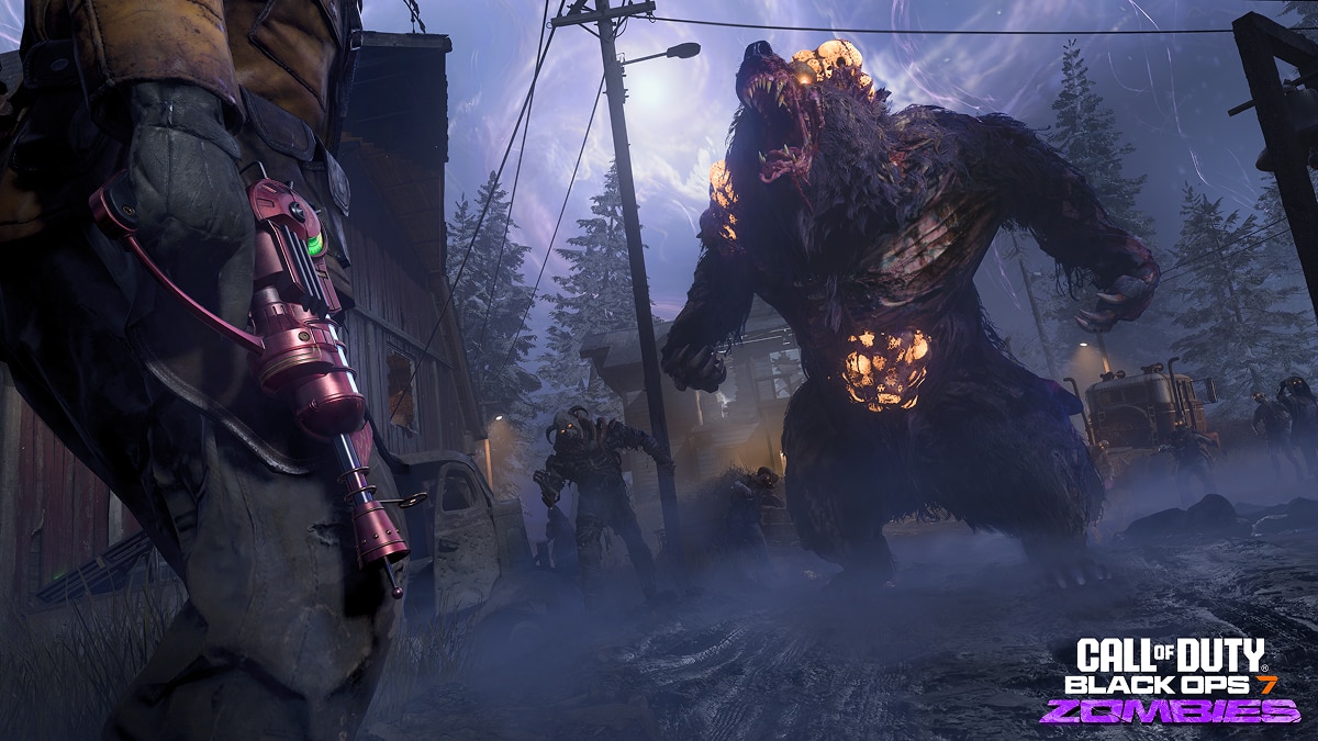 Call of Duty Black Ops 7 Zombies , Giant Creature Battle Soldier faces monstrous zombie bear and undead attackers near snowy cabins, purple lightning fills the night sky.