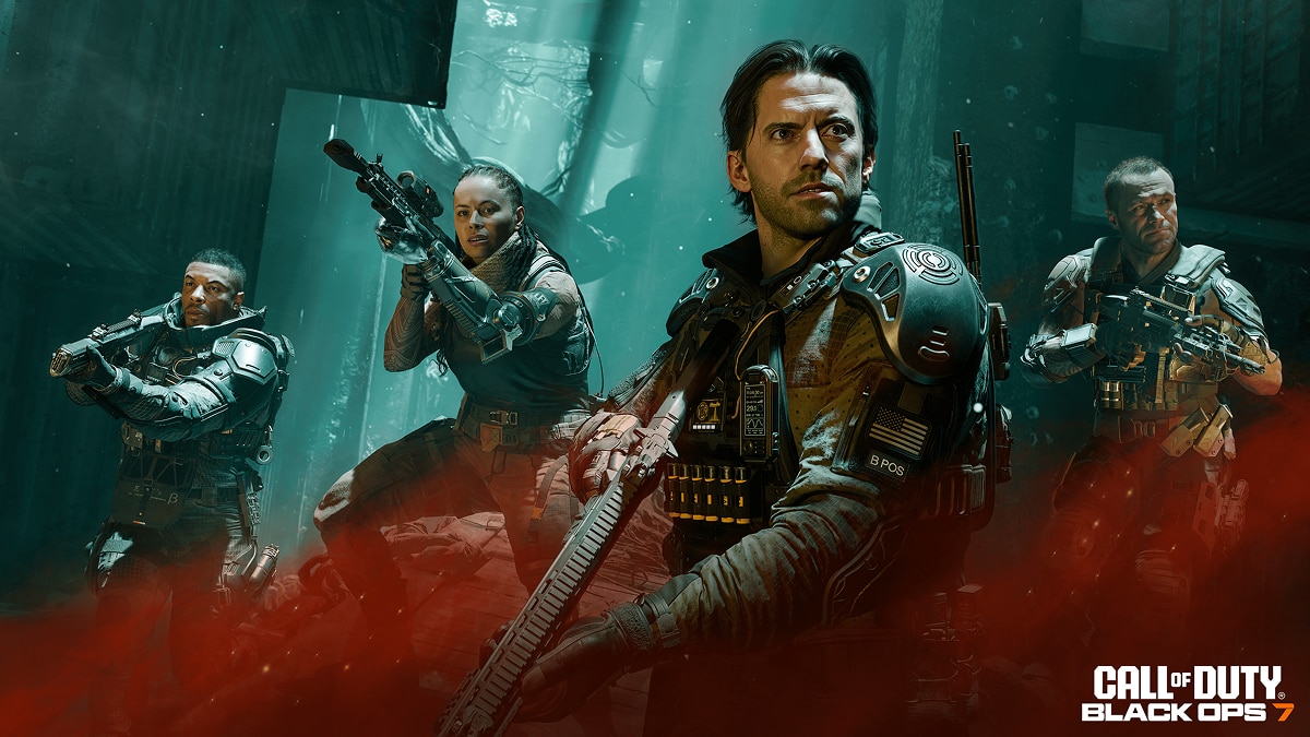 Four soldiers in tactical armor aim rifles in a dim industrial zone, teal light and red haze surround them.