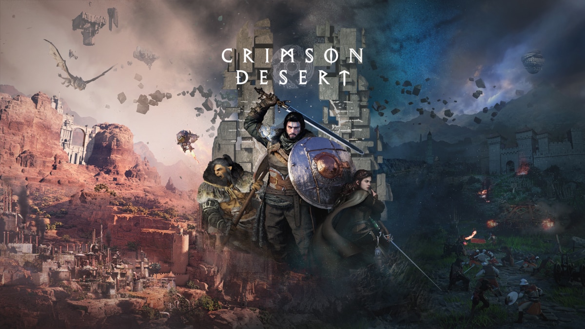 Crimson Desert key art with central warrior holding sword and shield, flanked by allies, with desert and battlefield background.