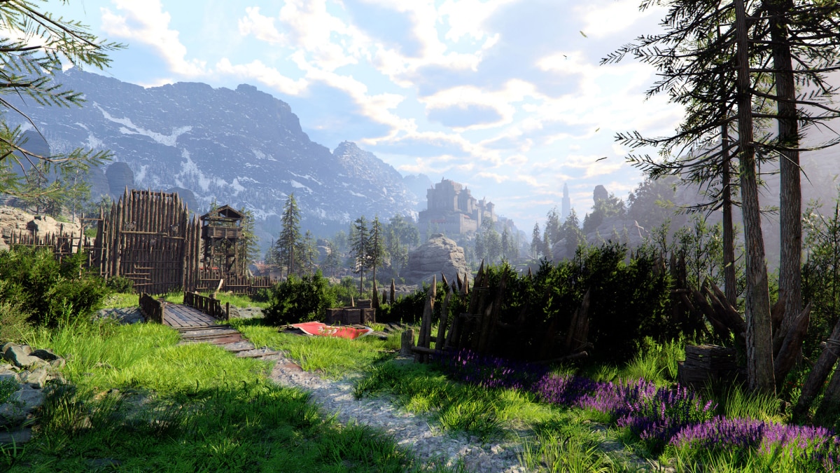 Woman in ornate black feathered cloak and horned crown stands before twisted trees with crows flying above.