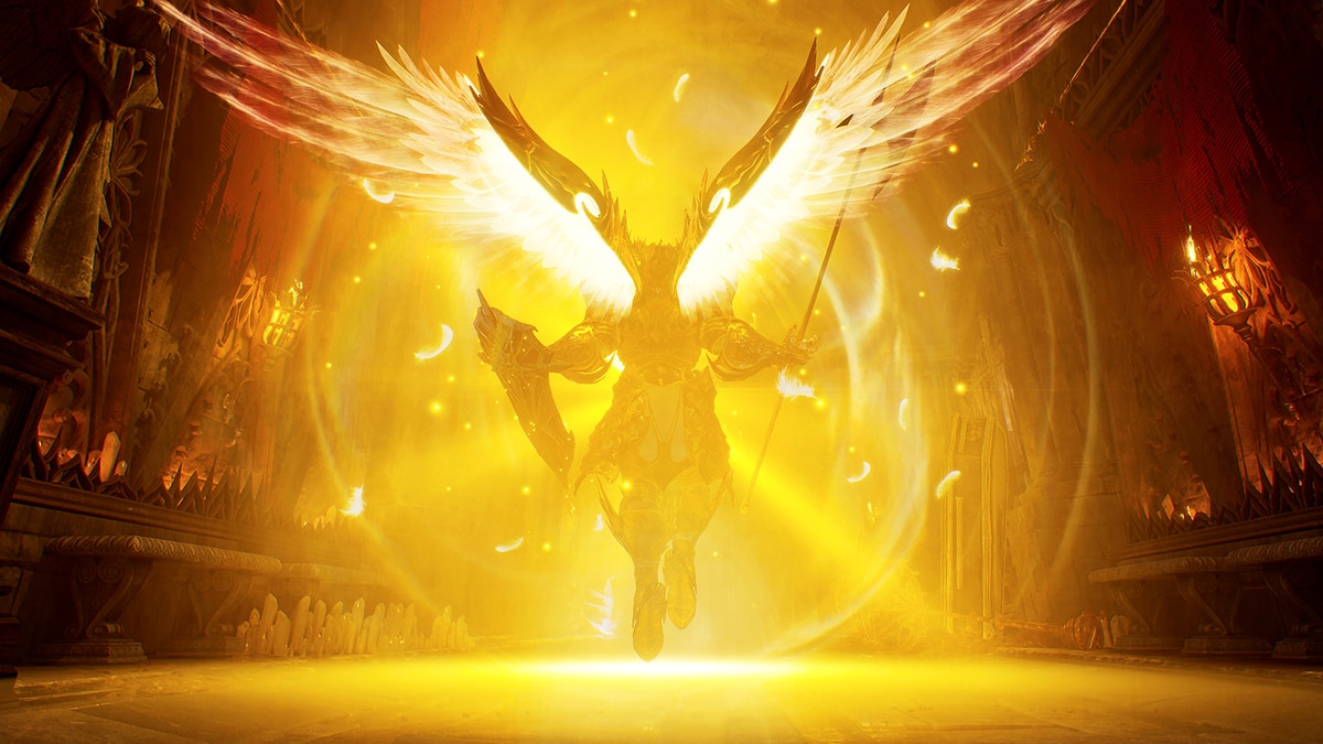 Armored winged warrior descends in brilliant golden light inside a dark Gothic hall.