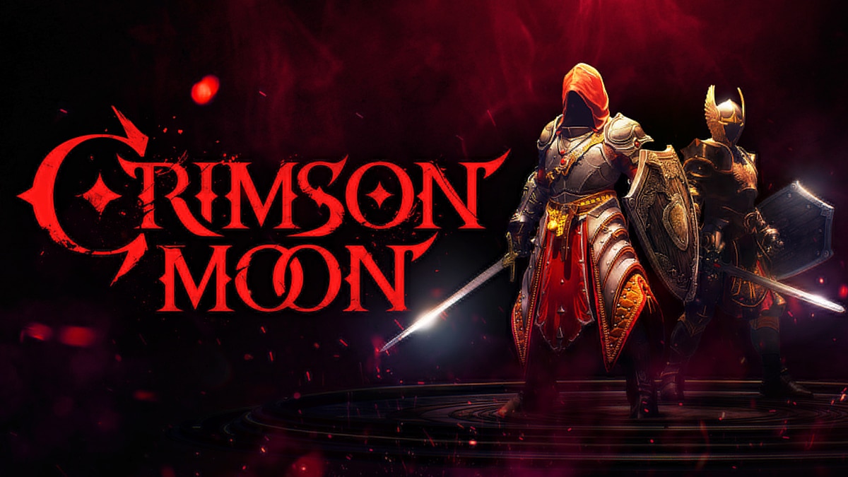 Crimson Moon title in red beside two armored warriors holding swords and shields.