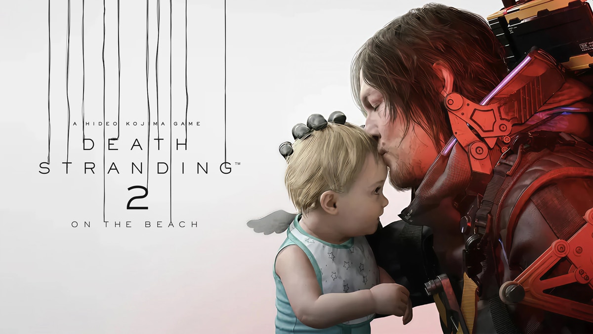 Character kissing a baby on the forehead beside text “DEATH STRANDING 2 ON THE BEACH” on white background.