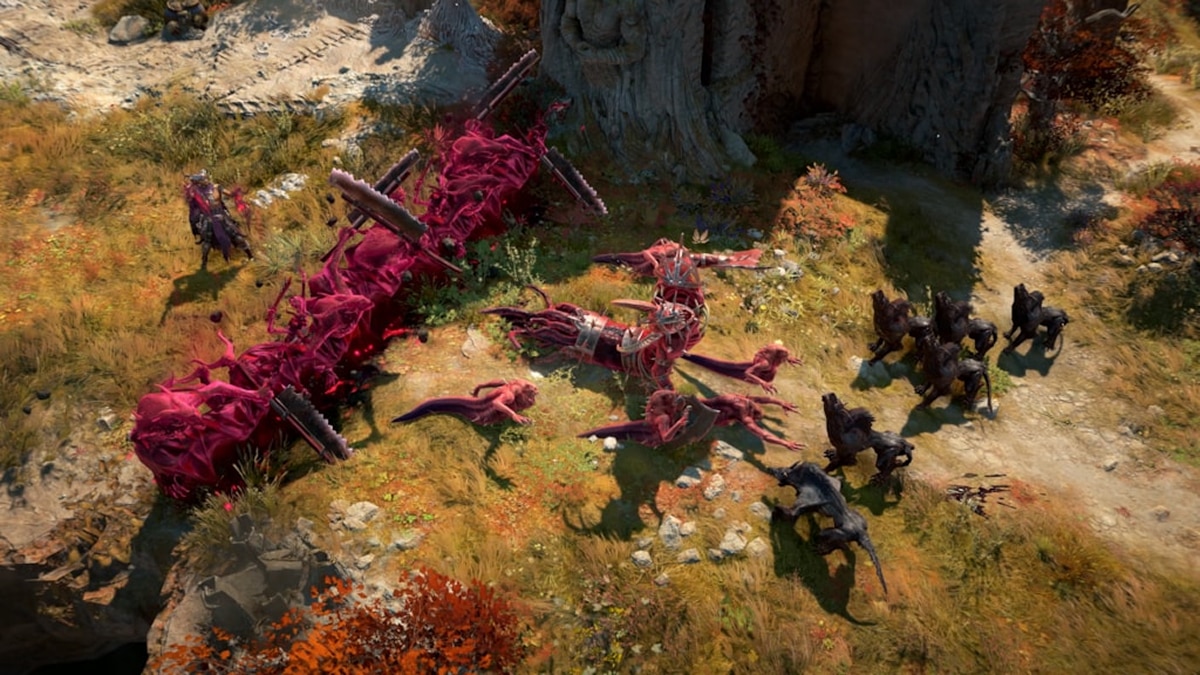 Character summons red tendrils and creatures while wolves attack enemies in a grassy forest clearing