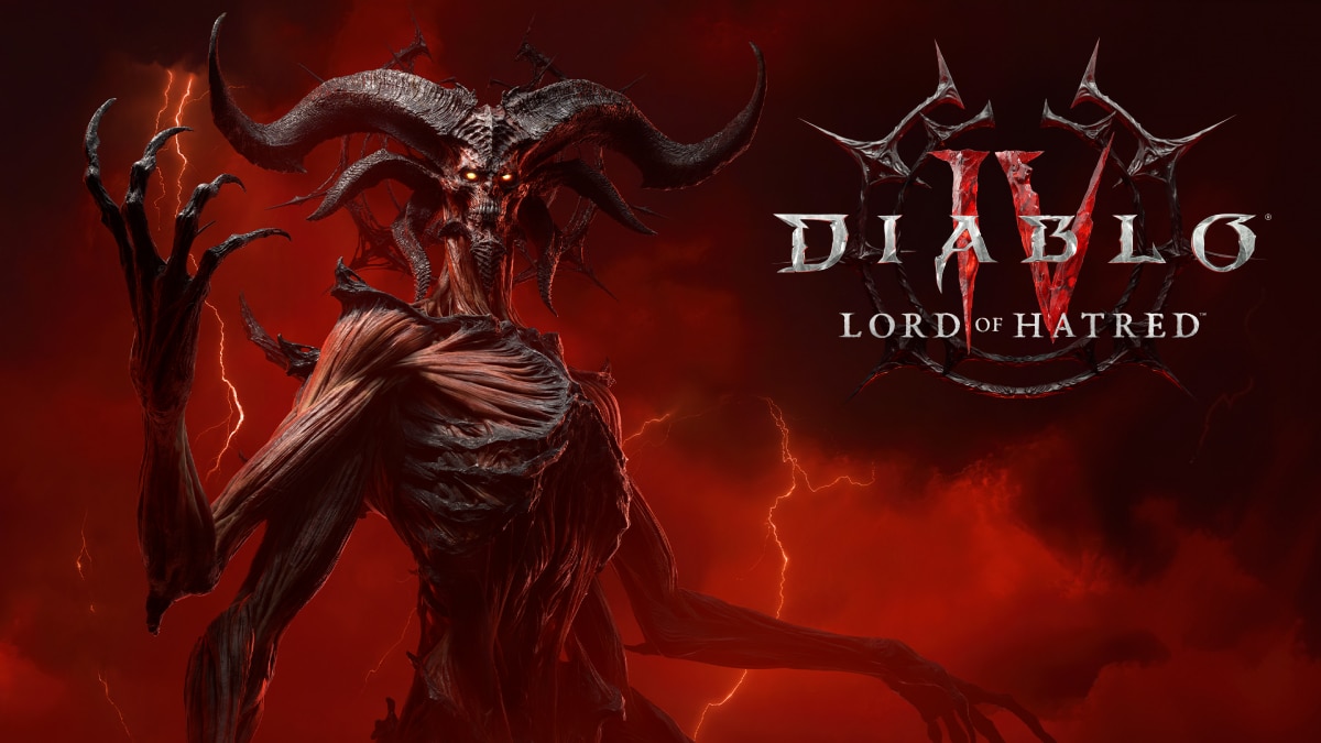 Diablo IV Lilith with horns and glowing eyes on red background with text “DIABLO IV LORD OF HATRED”