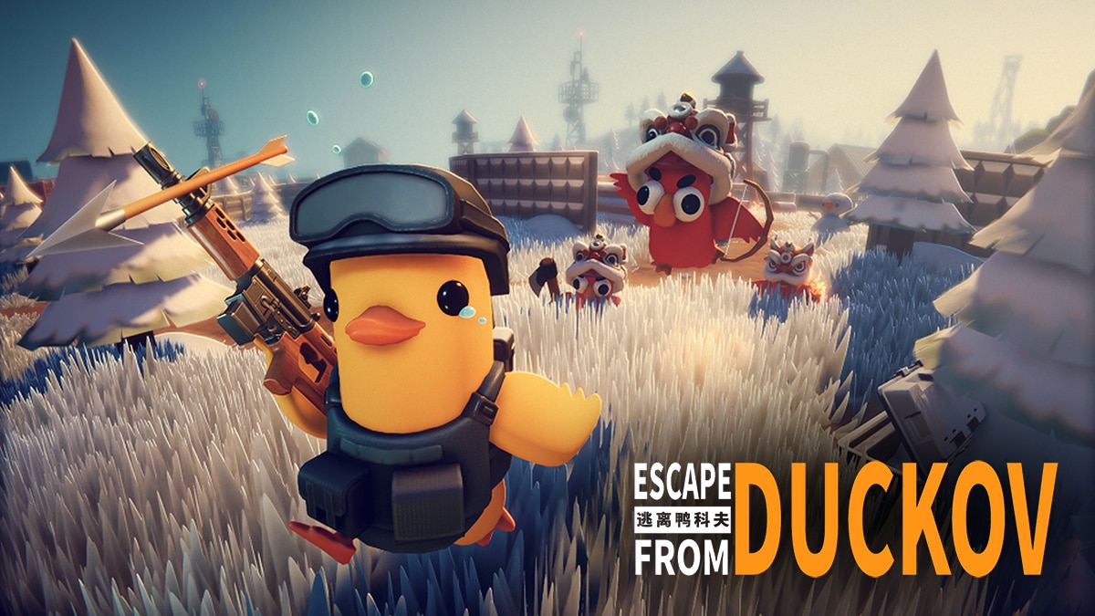 Cartoon duck soldier with rifle running through snowy grass while red duck enemies chase; text “ESCAPE FROM DUCKOV” and Chinese subtitle “逃离鸭科夫”.