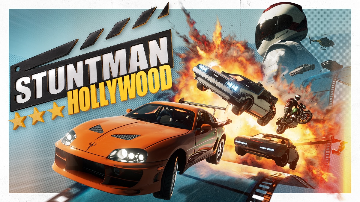 Stuntman Hollywood promotional artwork featuring sports cars, motorcycle jump, explosion, helicopter, and helmeted stunt driver.