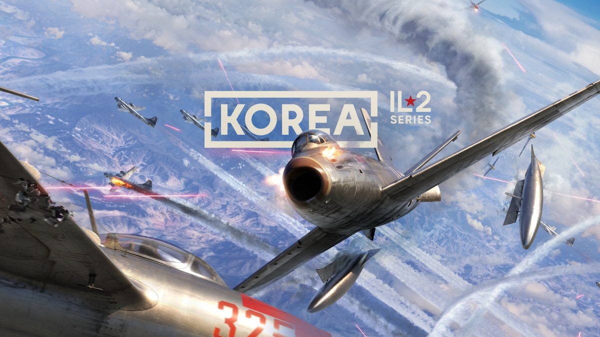 IL-2 Korea Series key art featuring fighter jets in aerial combat with explosions, smoke trails, and red tracer fire.