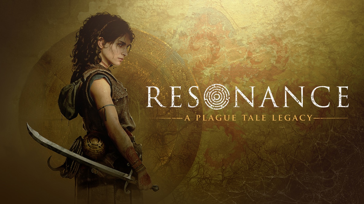 Character holding curved sword beside title “RESONANCE A PLAGUE TALE LEGACY” on gold textured background with circular emblem.
