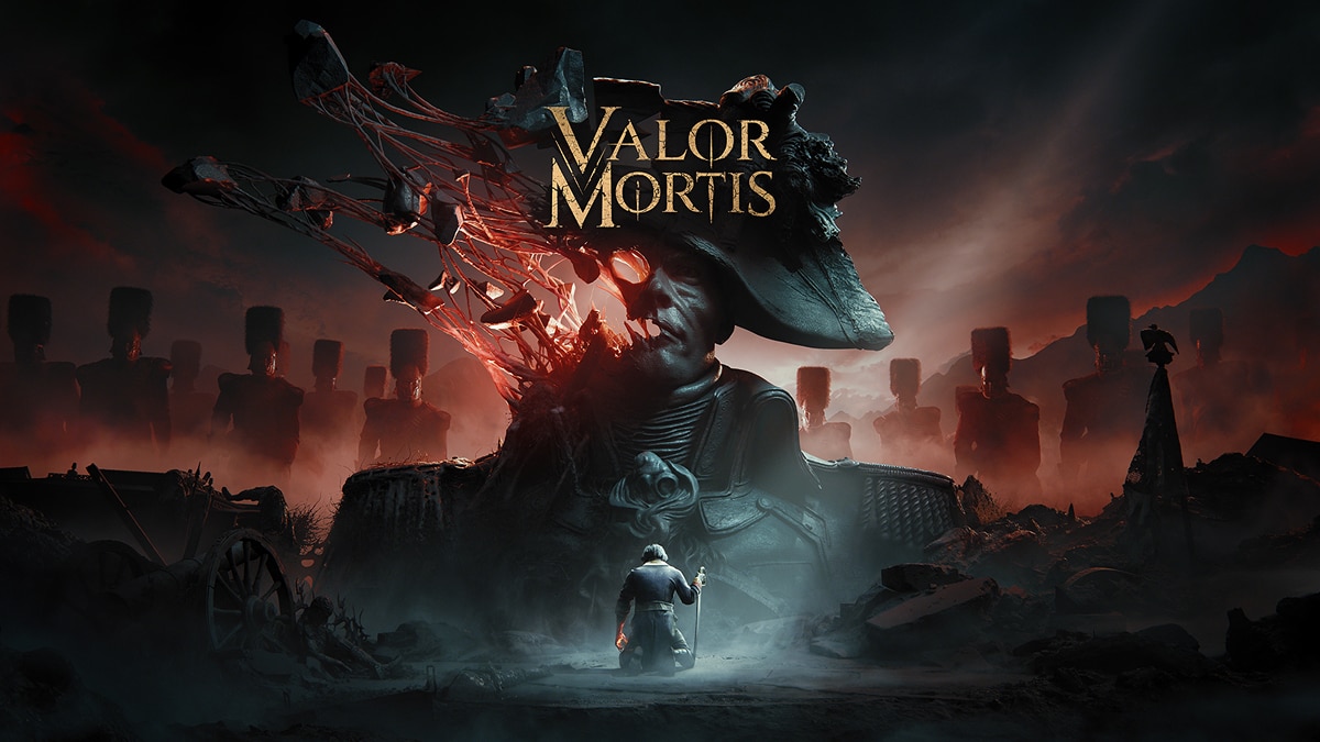 Valor Mortis promotional artwork featuring a giant fractured statue, glowing red energy, and a kneeling figure.