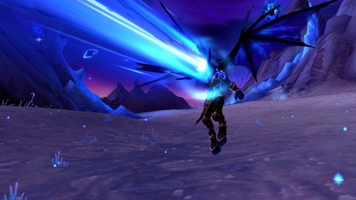 Winged character in dark armor fires bright blue energy beam across a barren, glowing purple desert