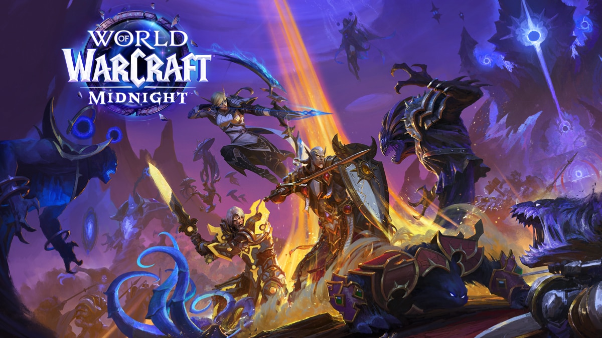 World of Warcraft Midnight artwork with armored heroes battling shadow creatures; title text visible