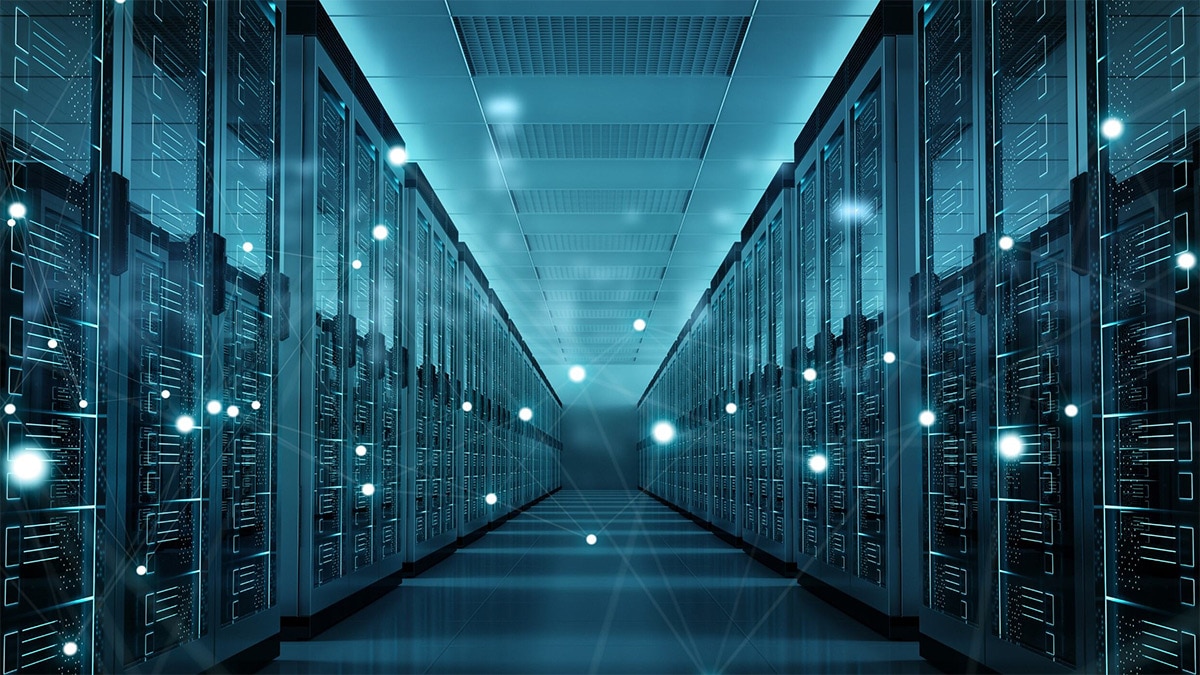 Server room center exchanging cyber datas 3D rendering
