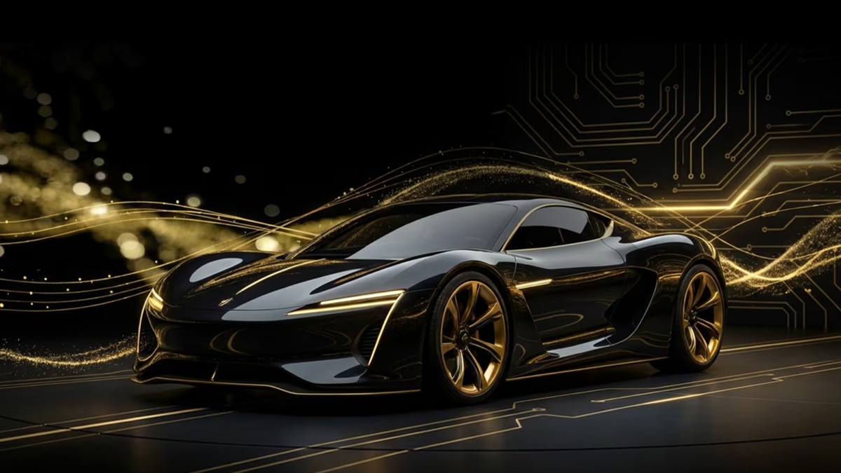 Black futuristic sports car with gold accents and glowing circuit lines, set against a tech-inspired digital background