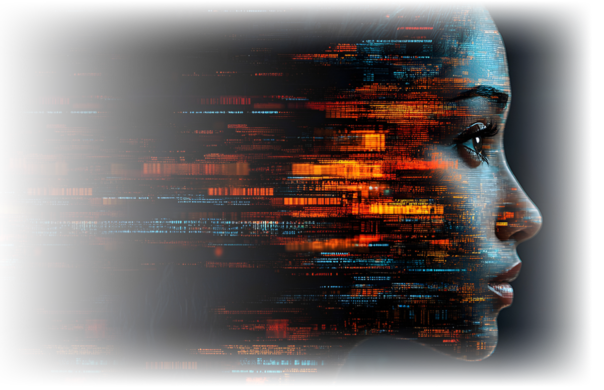 Profile of a woman's face with abstract data streams