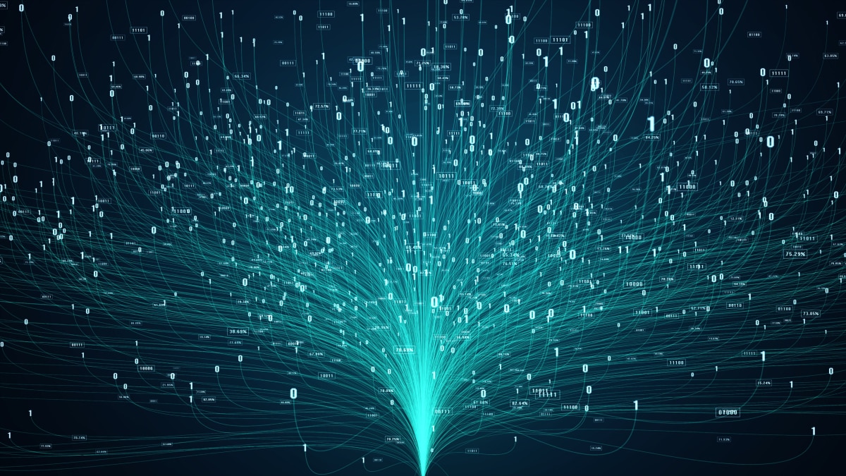 Flow of teal data lines with binary numbers and percentages spreading upward on dark background.