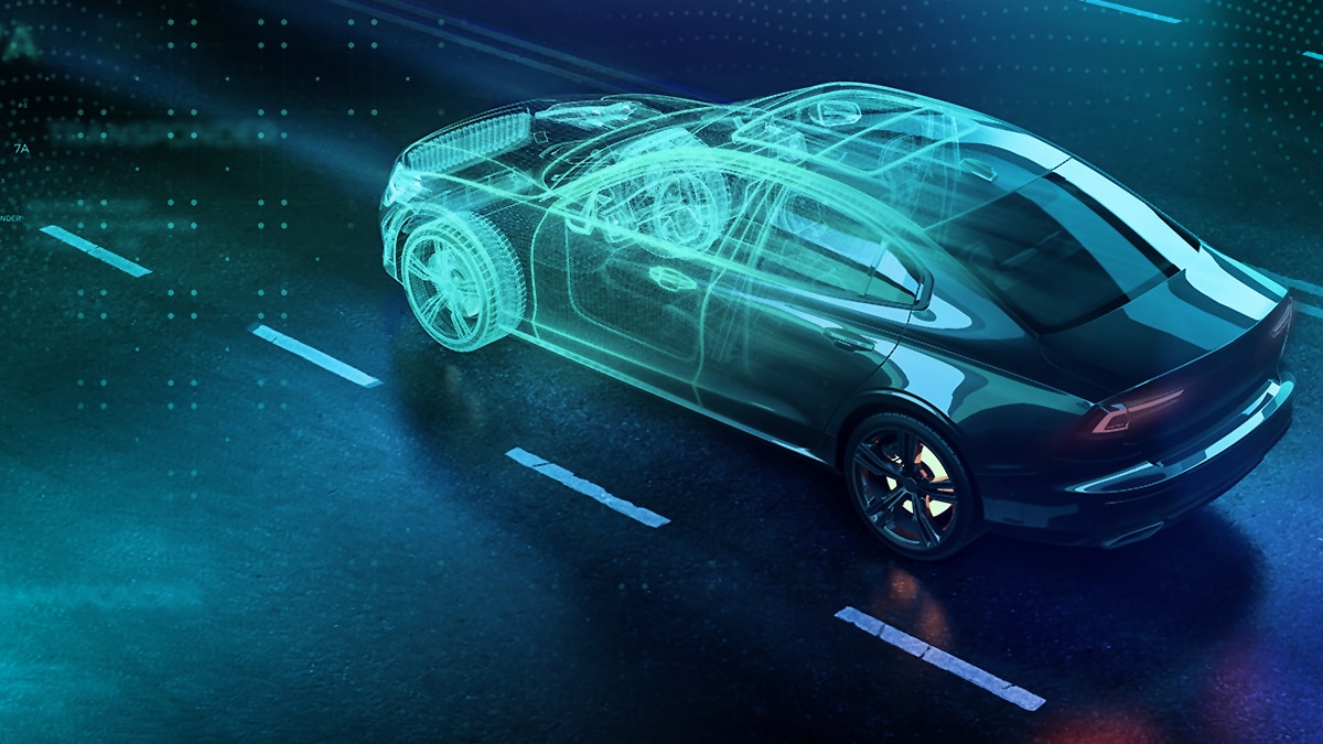 Modern car technology concept with wireframe intersection (3D illustration) 